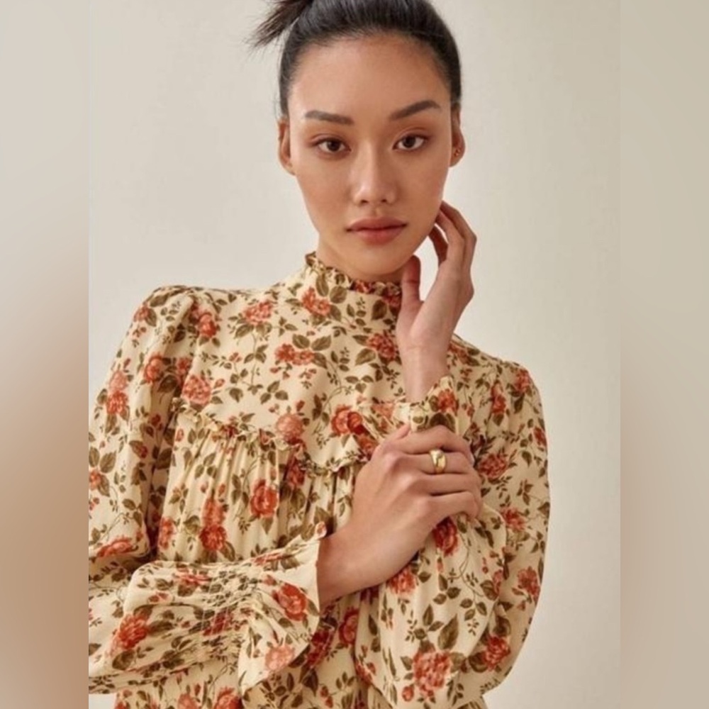 REFORMATION Jourdan Mini Dress Crepe Textured Ruffled Varenna Color/Floral XS
